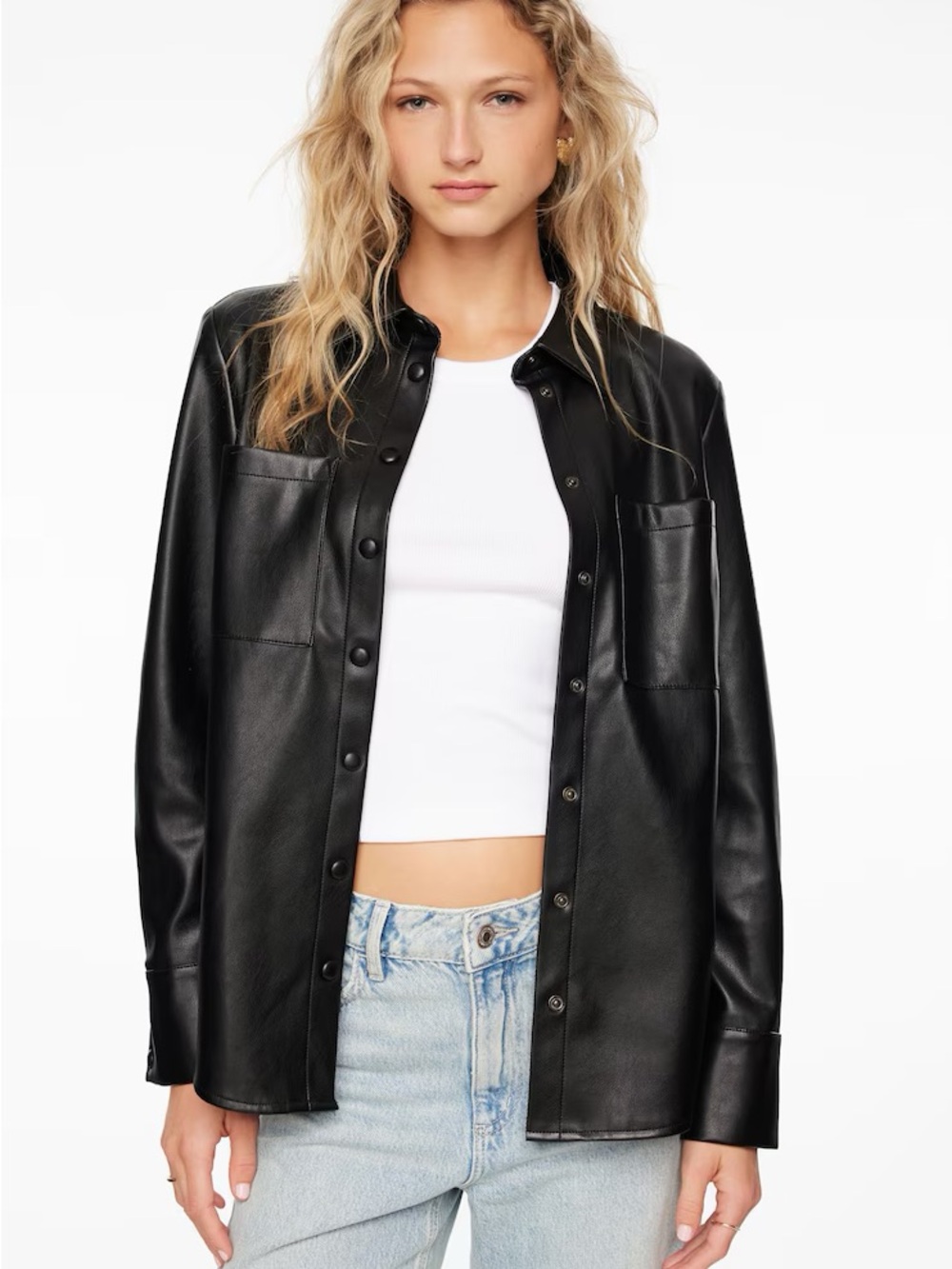 Dynamite Black Faux Leather Button-Front Shirt Jacket
